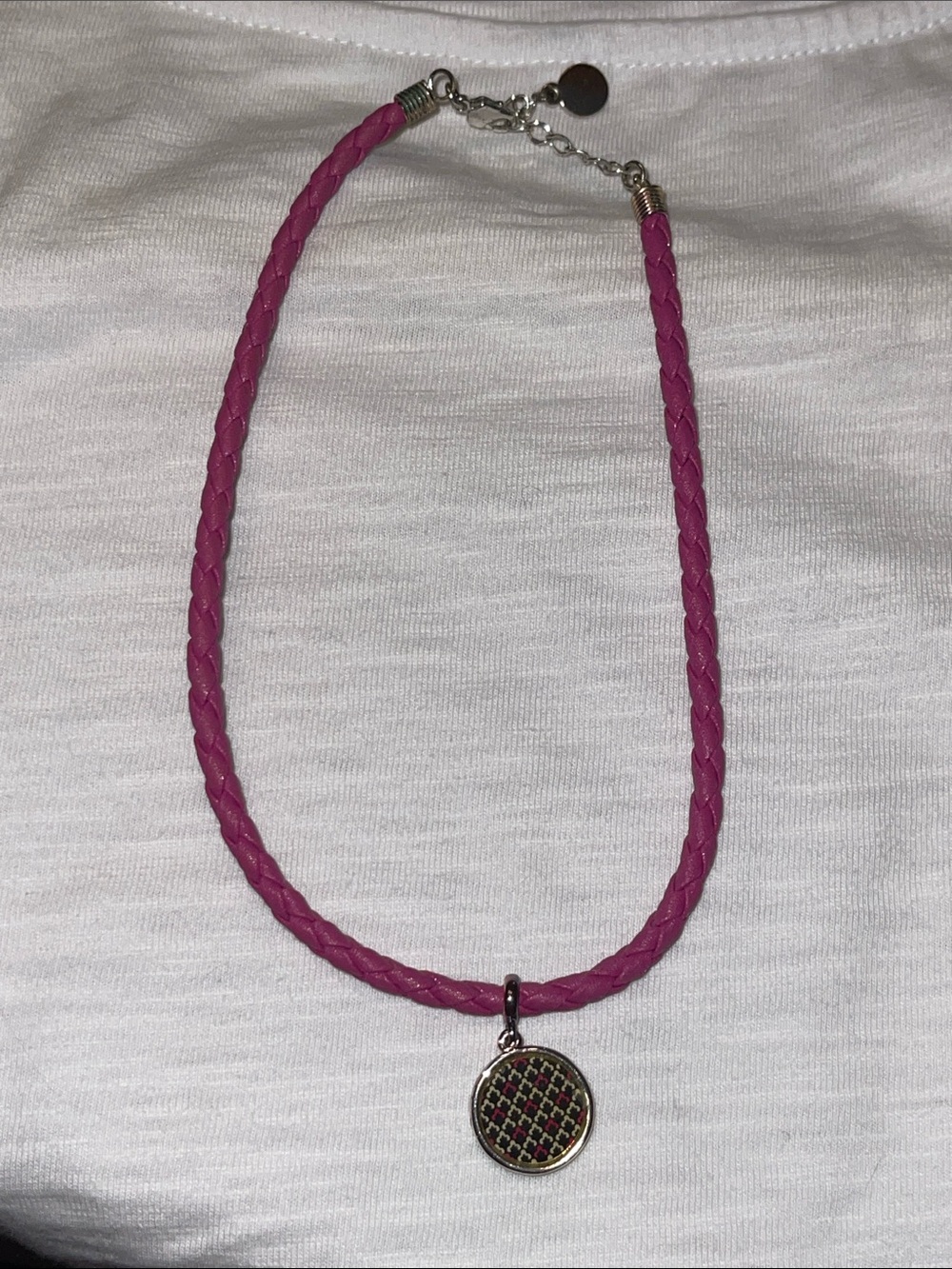 Vera Bradley Fuchsia Braided Cord Necklace with Round Silver-Tone Pendant